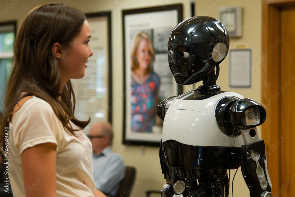 Poster with its friendly demeanor, the humanoid robot converses with office workers, its speech patterns an