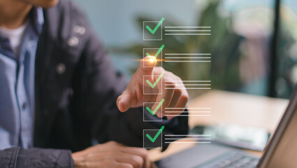 Business man check quality rules of conduct marketing. Document checklist technology concept. Business policies company articles of association,Terms and Conditions, checkmark on a business test icon.