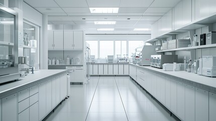 Modern Empty Biological Applied Science Laboratory with Technological Microscopes, Glass Test Tubes, Micropipettes - 745249451