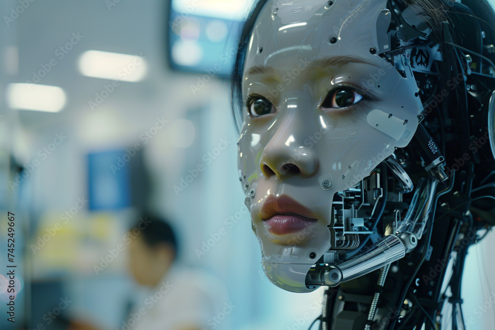 Poster close-up of the humanoid robot's dynamic facial expressions as it converses with office workers, its