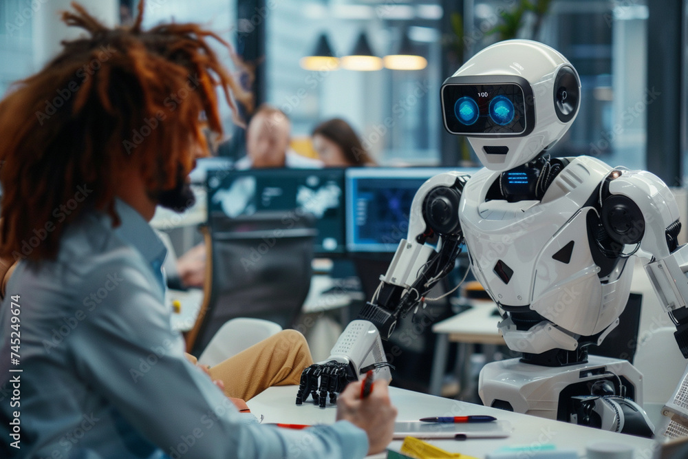 Poster against the backdrop of office hustle, the humanoid robot engages in conversation with office worker