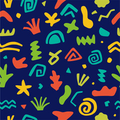 Vector pattern with decorative abstract shapes and colorful hand-drawn doodle-style drawings.