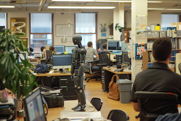 Amidst the organized chaos of the office, the humanoid robot interacts with office workers, its advanced natural language processing capabilities facilitating seamless dialogue.