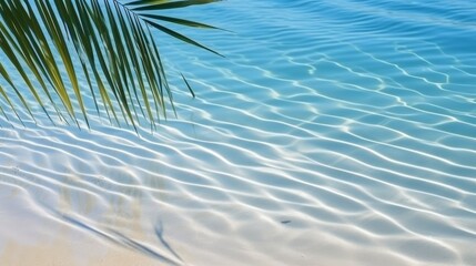 Fototapeta na wymiar Tropical leaf shadow on water surface with shadow of palm leaves on white sand beach