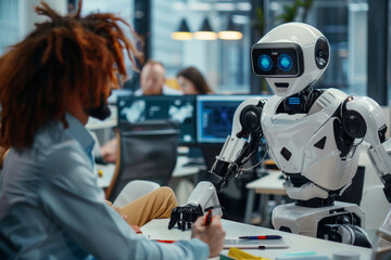 Against the backdrop of office hustle, the humanoid robot engages in conversation with office workers, its adaptive communication skills fostering a sense of connection and underst