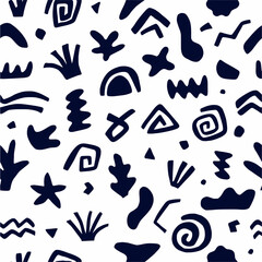 Vector pattern with decorative abstract shapes and colorful hand-drawn doodle-style drawings.