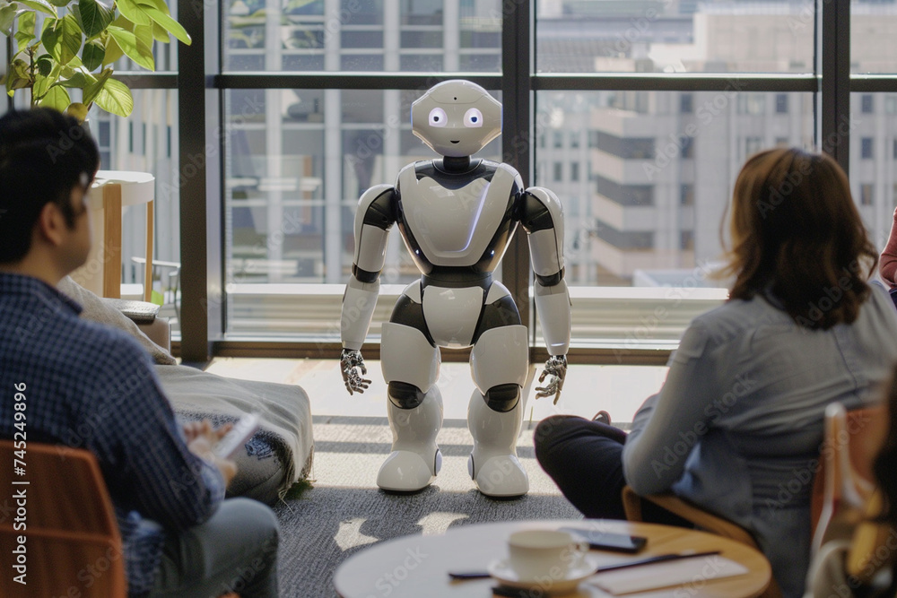 Aufkleber with its expressive gestures, the humanoid robot engages in dialogue with office workers, its presen