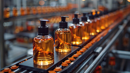 Automated plant for production of perfume, Modern system factory of cosmetic oil and aroma water on conveyor line.