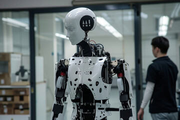 Fototapeta premium With the unmistakable AI logo emblazoned on its frame, the humanoid robot engages in collaborative work with human counterparts, its AI-driven capabilities playing a vital role in