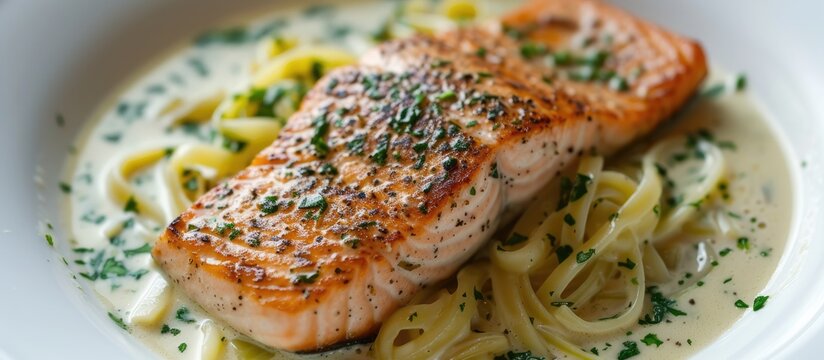A close-up view of a plate filled with seared salmon accompanied by a creamy leek carbonara sauce, showcasing the perfect sear on the fish and the rich sauce drizzled over it.