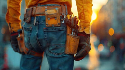 Close-up of construction workers tool belt with various tools on a high-rise construction site.