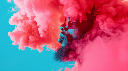 Man blowing pink smoke, vape, smoke cloud	