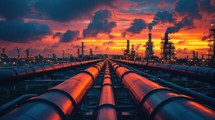 Crude gas and oil pipes of refinery plant or petrochemical industry. Scenery of steel tube lines and sky. Concept of energy, power.