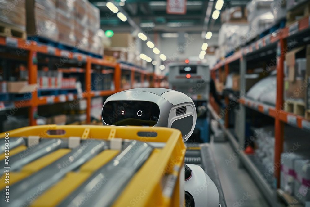 Poster close-up of the humanoid robot's sensors as it monitors the flow of goods at the conveyor belt, its 