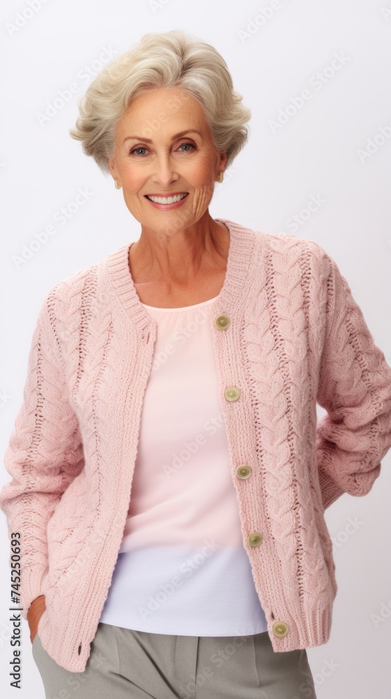 Poster stock image of a grandma dressed in a cardigan on a white backdrop generative ai