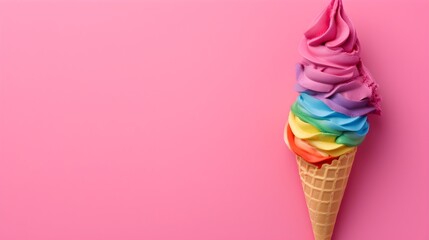 Rainbow color ice cream in a cone on a pink background, pride celebration with copy space banner