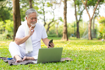 senior man working with laptop computer and video call online to someone in the park