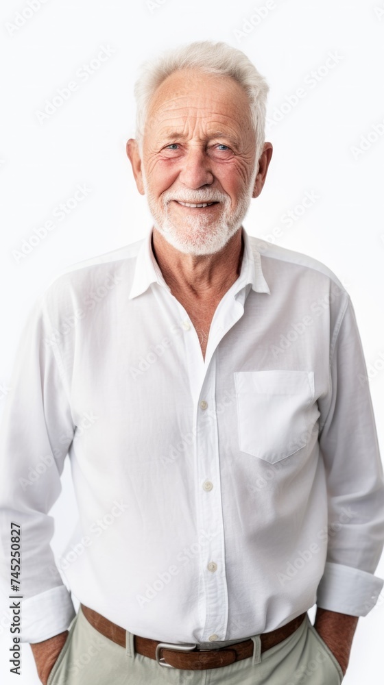 Poster stock image of a grandpa in a button-up shirt on a white backdrop generative ai