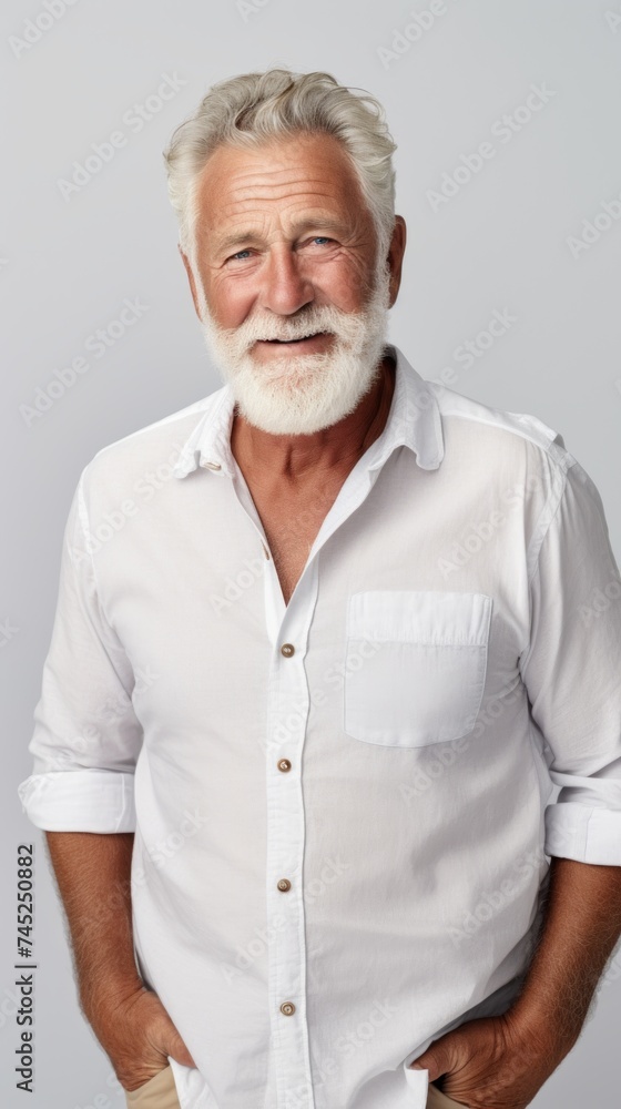 Poster Stock image of a grandpa in a relaxed outfit on a white backdrop Generative AI