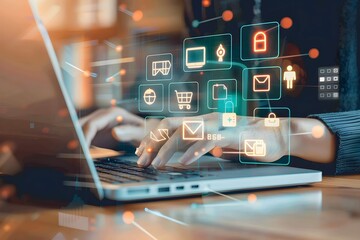 Demonstrating modern digital workflow and productivity, a professional utilizes a laptop to navigate through a virtual interface of business applications.