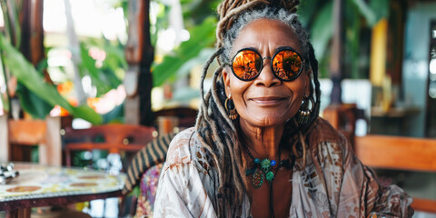 Portrait of a African-American mature senior woman old lady with dreadlocks looking at the camera with a smile sitting in cafe. Lifestyle of freedom, self-expression hippies in nature.