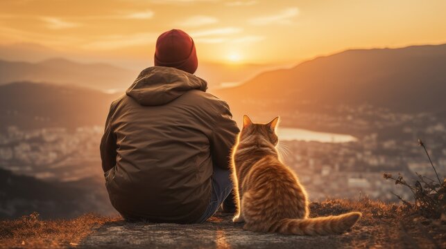 Unrecognizable traveler sitting on hill with cat