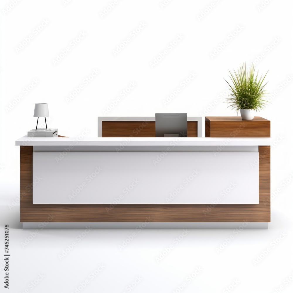 Aufkleber stock image of a modern reception desk on a white background, sleek, welcoming front des generative 