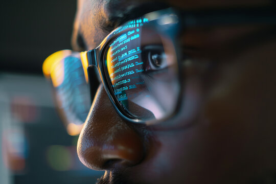 close up of a eyeglasses of programer or hacker to analysis data and coding Ai