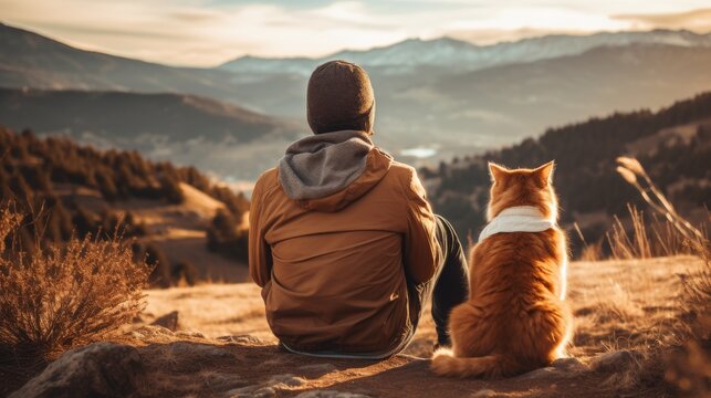 Unrecognizable traveler sitting on hill with cat