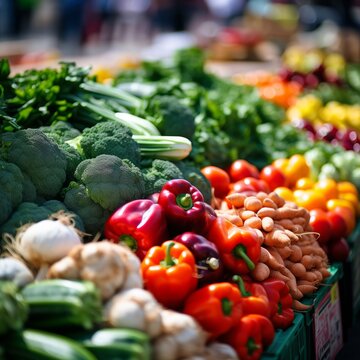 Stock image of a healthy farmer's market with fresh produce, vibrant and diverse options Generative AI