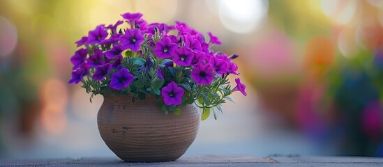 A ceramic vase filled with vibrant purple petunia flowers sits atop a wooden table with a shallow depth of field. The delicate petals of the flowers contrast beautifully against the solid surface of