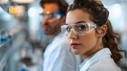 Female and male research scientists in their laboratory