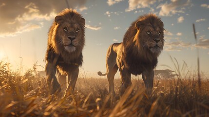 Two male lions on the savannah, serengeti, masai mara - obrazy, fototapety, plakaty
