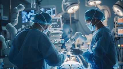 Two surgeons performing surgery in an operating theatre/theater