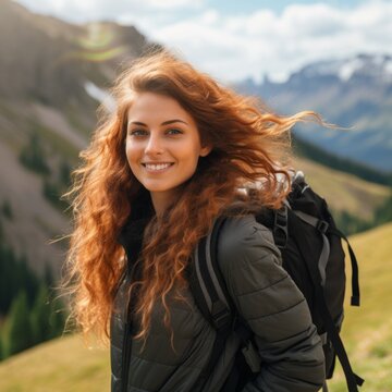Stock image of a person hiking in the mountains, promoting outdoor health and fitness Generative AI