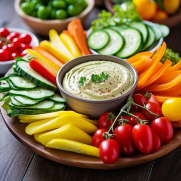 Stock image of a plate of fresh vegetable crudites with dip, colorful and healthy snack option Generative AI