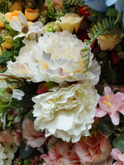 Decorative plastic flower photography, floral wallpaper, white peony background, bouquet of roses