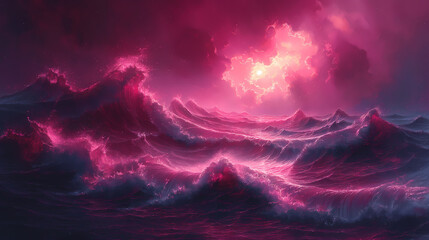 Surreal Seascape: Radiant Waves Under Ethereal Skies, abstract wallpaper, pink background, pink ocean