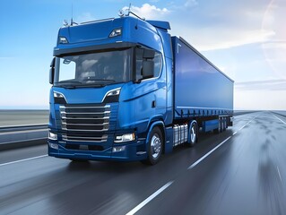 Logistics import export and cargo transportation industry concept of Container Truck run on highway road at sunset blue sky background with copy space, moving by motion blur effect