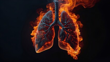 Human lungs burning with fire on dark background 