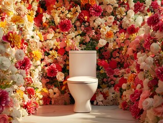 A white toilet placed in front of a colorful wall of flowers. Suitable for bathroom design concepts