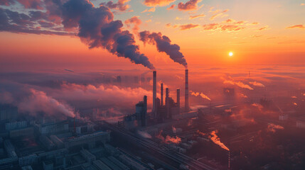 Occupational pollution caused by smoke coming from heavy industrial chimneys in industrial area.