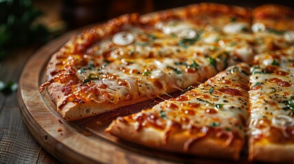 A pizza with missing slices on a wooden board, a delectable fast food dish