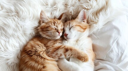 adorable furry cat couple cuddle together on white fluffy bed, Valentine's Day celebration