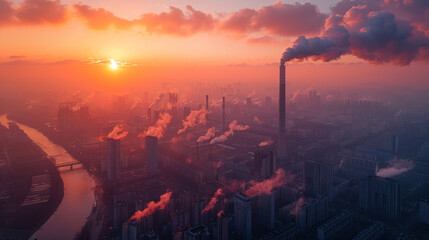 Fototapeta premium Occupational pollution caused by smoke coming from heavy industrial chimneys in industrial area.