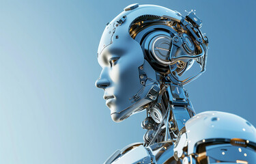 Humanoid metal robot on abstract technological background. Concept of technical progress and artificial technology.