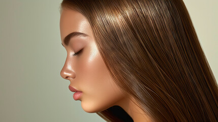 Naklejka premium Young woman with beautiful hair after keratin treatments. Hair care concept
