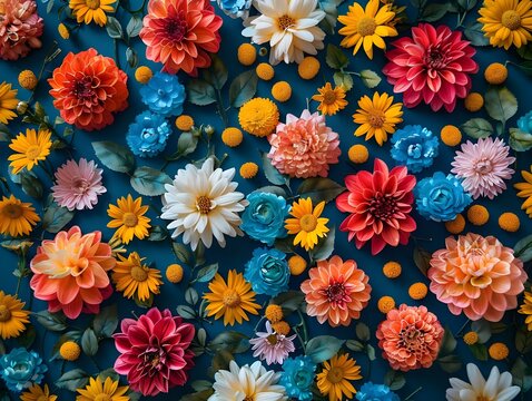 Colorful flowers pattern as background. asters, dahlias, calendula. Floral Greeting card. Nature trendy decorative design. Flat lay
