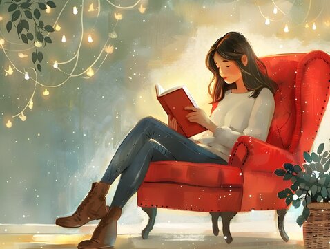 A girl is sitting in an red chair reading a book