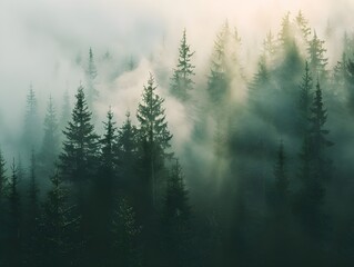 Sun beams over a path in the forest. Beauty pine forest wood with light through in magic fog at sunrise.